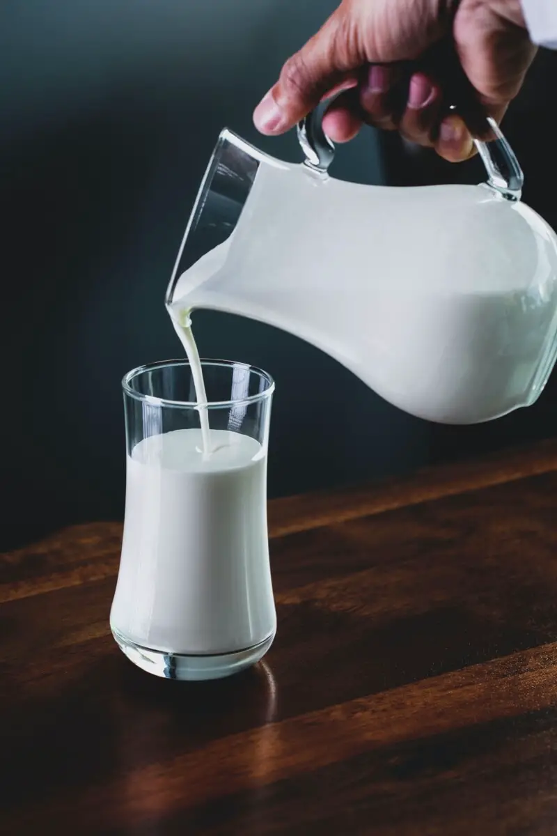 Milk being poured into a glass. Milk is typically consumed by those looking to gain weight, boost total calorie intake, and to support healthy bone growth. 