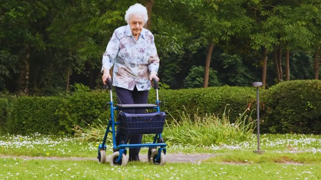 senior woman with walker and bag