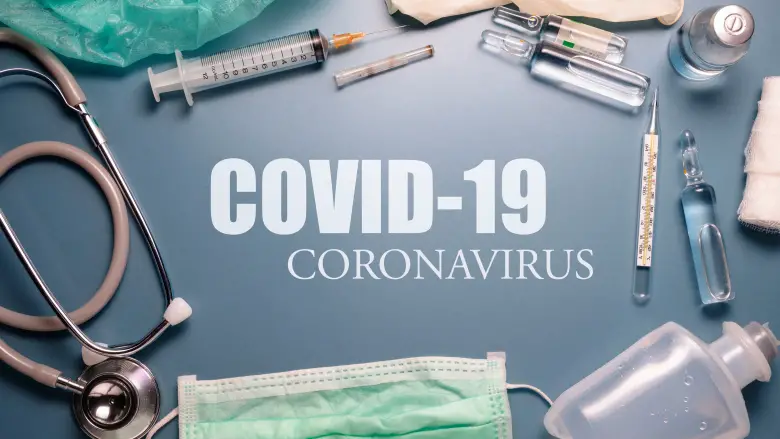 COVID-19 text with medical equipments