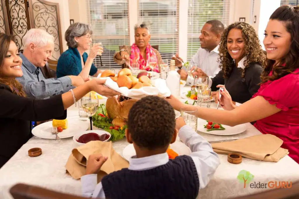 all the grandmas and their loved ones getting together for a shared meal