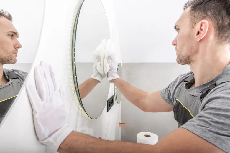 image of caretaker cleaning mirrors