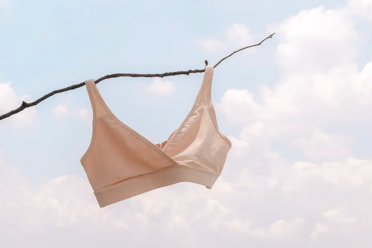 A bralette, hanging on a tree branch, in a light pink color. Bralettes provide comfortable support for most women with a smaller bust size.